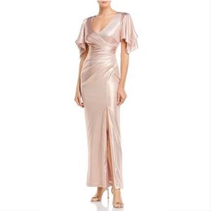 Eliza J flutter sleeve metallic full length faux wrap formal dress gown Size 10